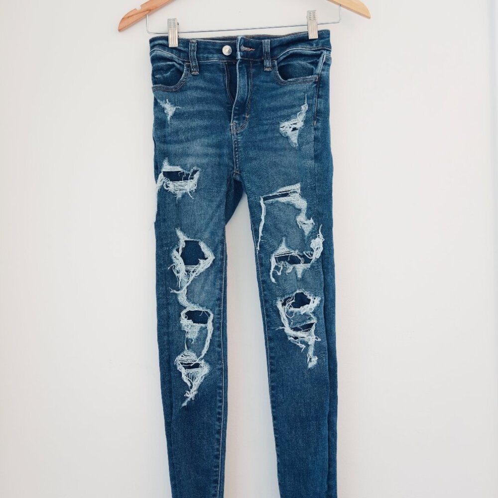 American Eagle Dark Wash Super Hi-Rise Distressed‎ Jeggings Size 00